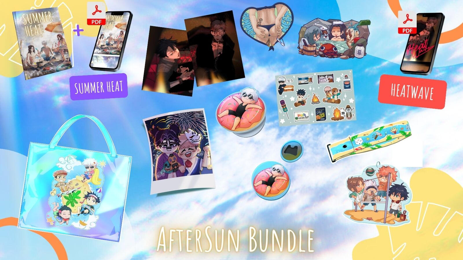 JJK Summer Heat - Limited Edition Holographic plastic tote bag (Lower left) and Mobile strap (middle right side)
